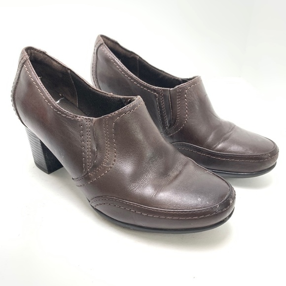CLARKS Chocolate Brown Chunky Block High Heels Clogs Booties Leather Shoes 9 W - Picture 1 of 16